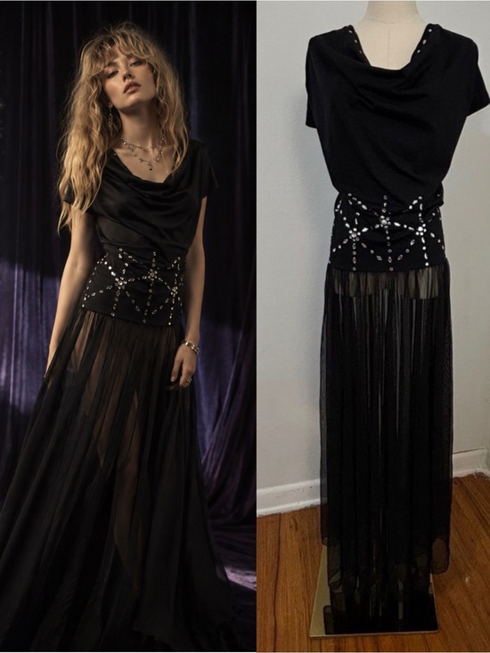 nom de plume Dresses & Skirts - Vtg Nom De Plume Black Mesh Maxi Dress M Whimsigoth Rhinestone Cowl Neck Goth